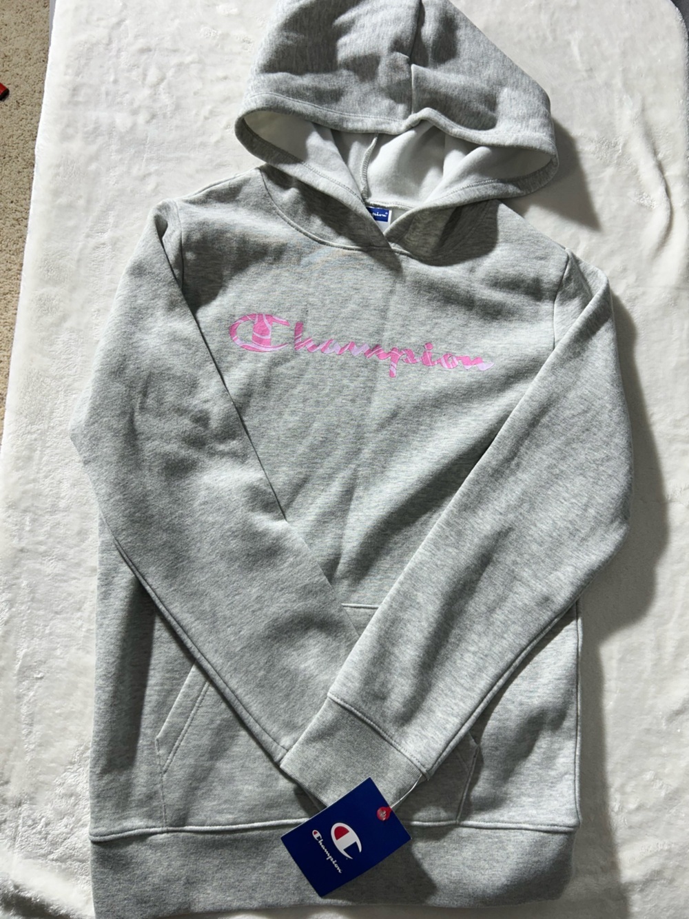 Champion Light Gray Hoodie with Pink Script Logo Kangaroo Pocket Size 16